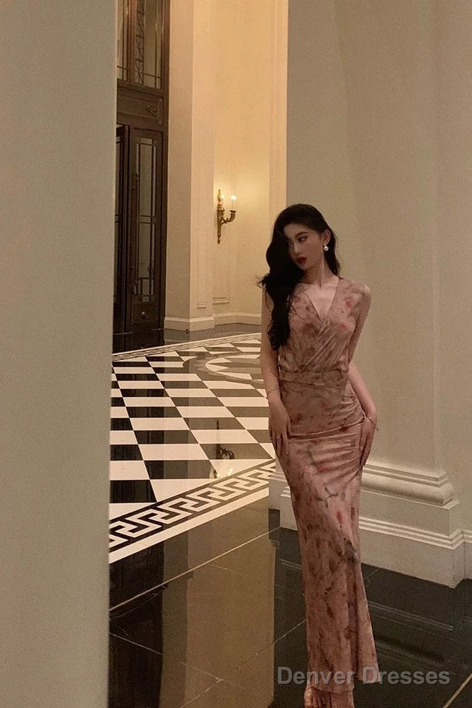 Sexy Sheath V Neckline Long Pink Floral Prom Dresses Birthday Outfits Evening Gown Secondary image