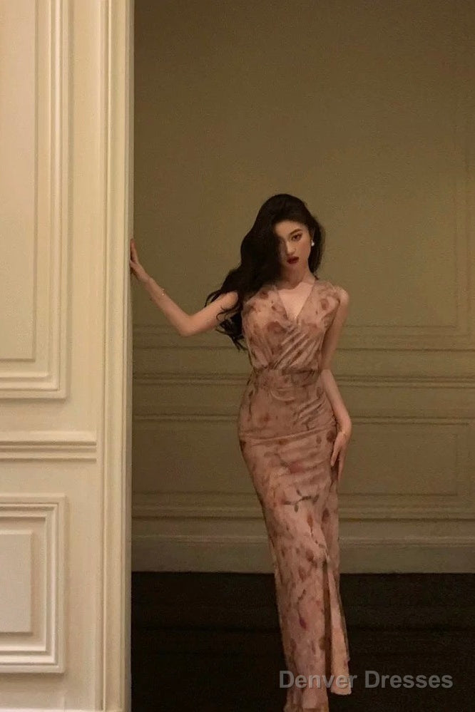 Sexy Sheath V Neckline Long Pink Floral Prom Dresses Birthday Outfits Evening Gown