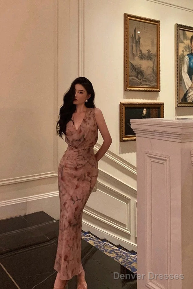 Sexy Sheath V Neckline Long Pink Floral Prom Dresses Birthday Outfits Evening Gown Main image