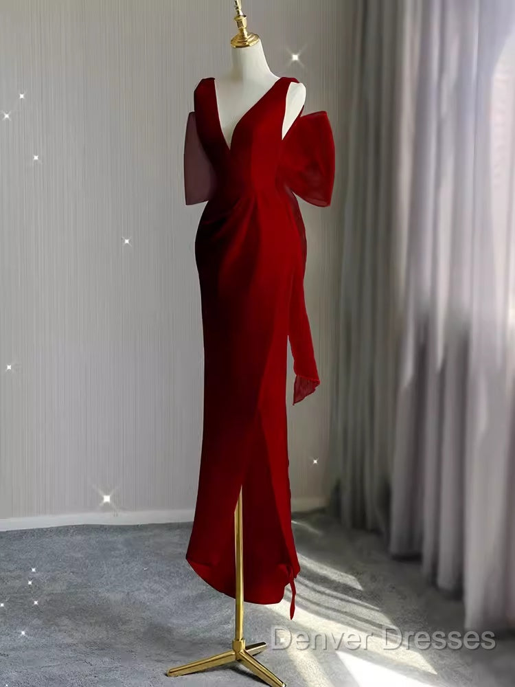 Sexy Sheath V Neckline Long Senior Red Prom Dress Formal Dress