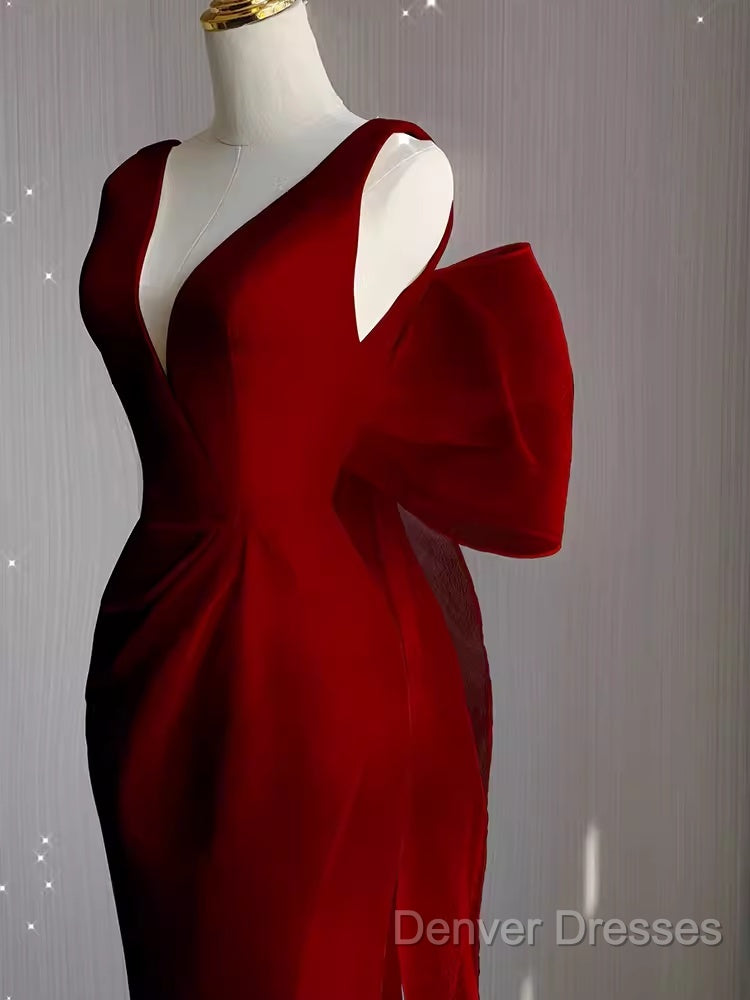 Sexy Sheath V Neckline Long Senior Red Prom Dress Formal Dress