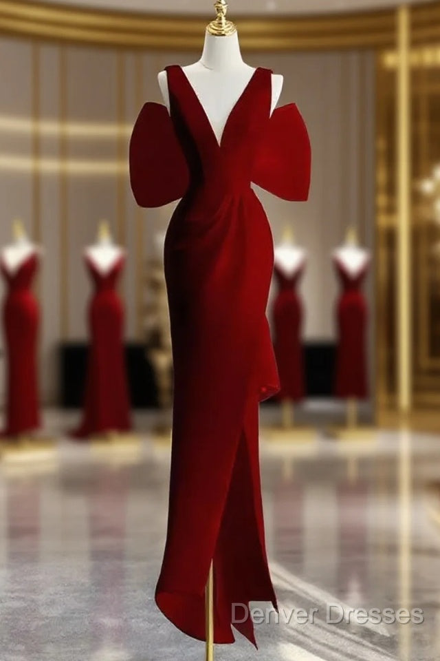 Sexy Sheath V Neckline Long Senior Red Prom Dress Formal Dress