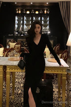 Sexy Sheath V Neckline Long Sleeves Black Slit Prom Dresses Birthday Outfits