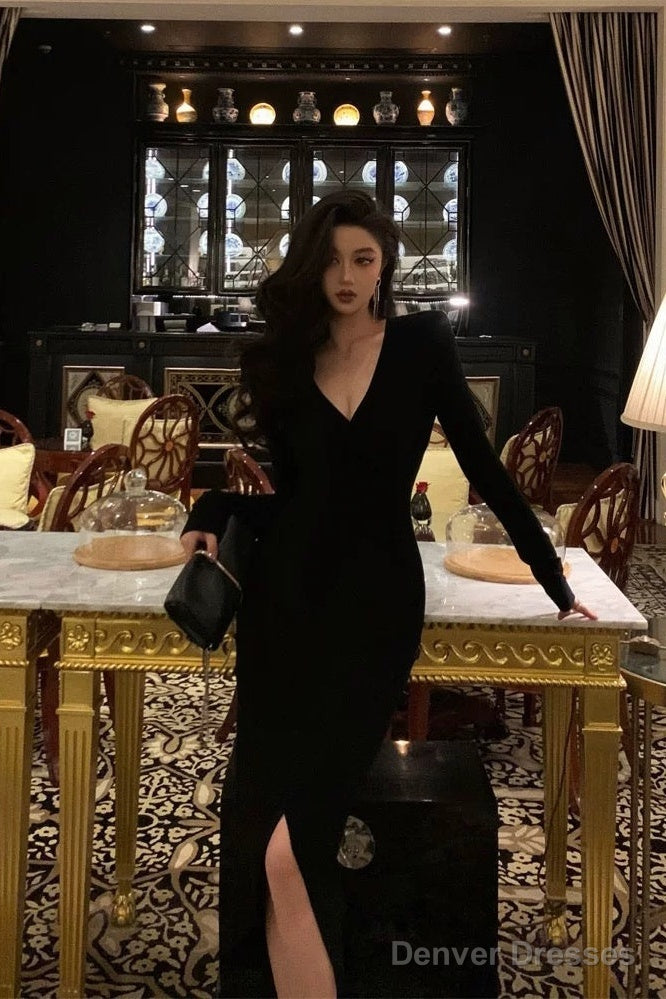 Sexy Sheath V Neckline Long Sleeves Black Slit Prom Dresses Birthday Outfits