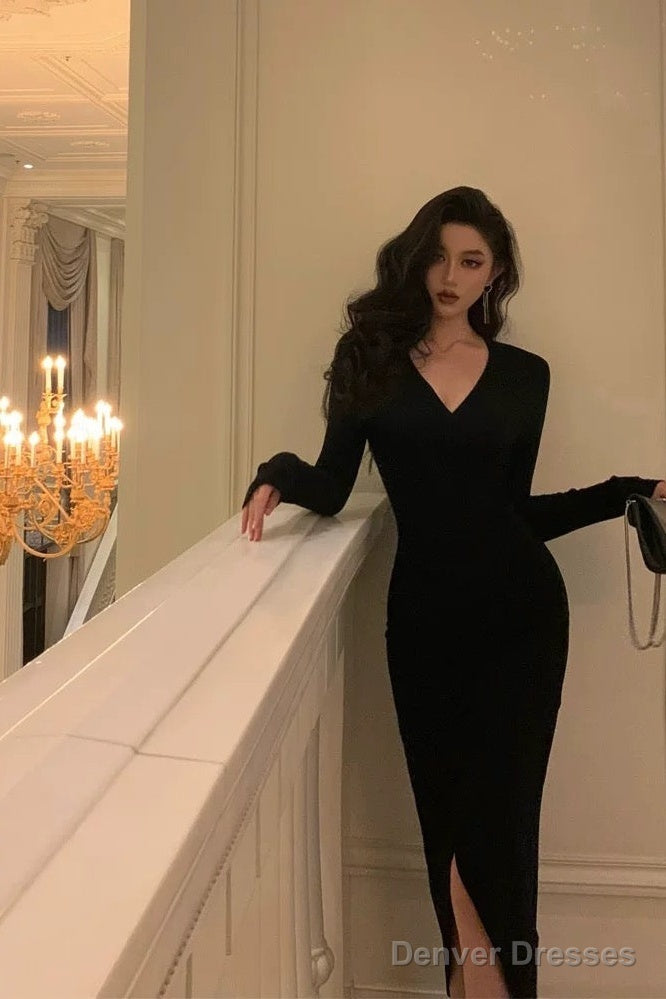 Sexy Sheath V Neckline Long Sleeves Black Slit Prom Dresses Birthday Outfits