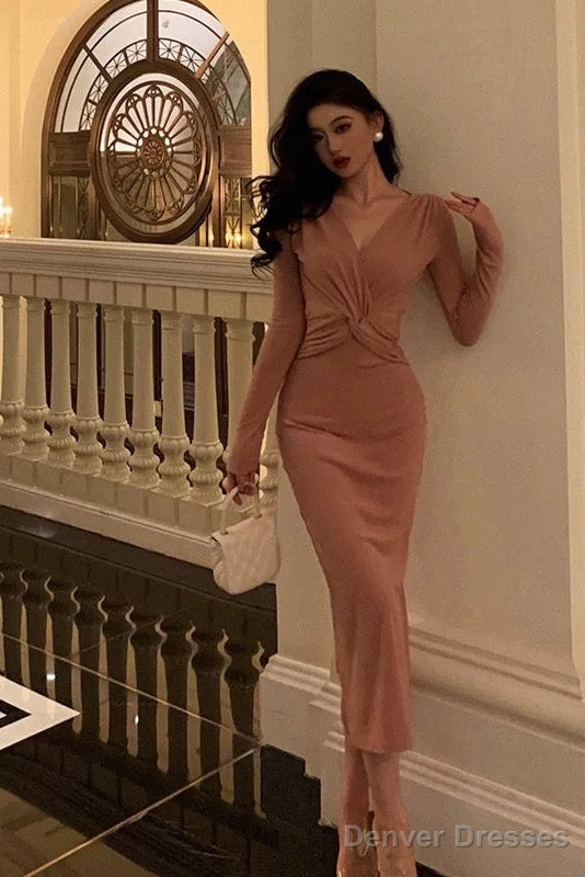 Sexy Sheath V Neckline Pink Pleated Prom Dresses Birthday Outfits Evening Gown