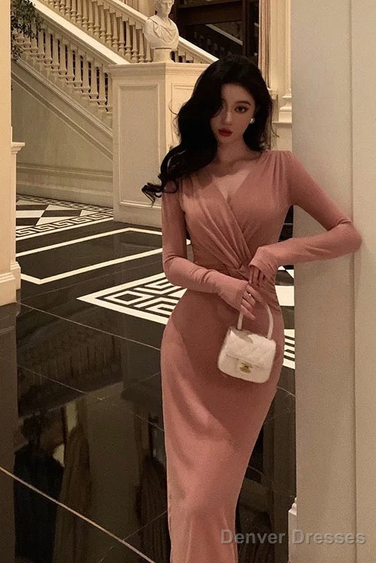 Sexy Sheath V Neckline Pink Pleated Prom Dresses Birthday Outfits Evening Gown