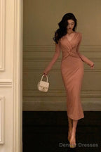 Sexy Sheath V Neckline Pink Pleated Prom Dresses Birthday Outfits Evening Gown