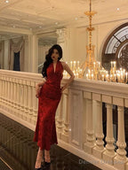 Sexy Sheath V Neckline Red Floral Ankle Length Prom Dresses Birthday Dress