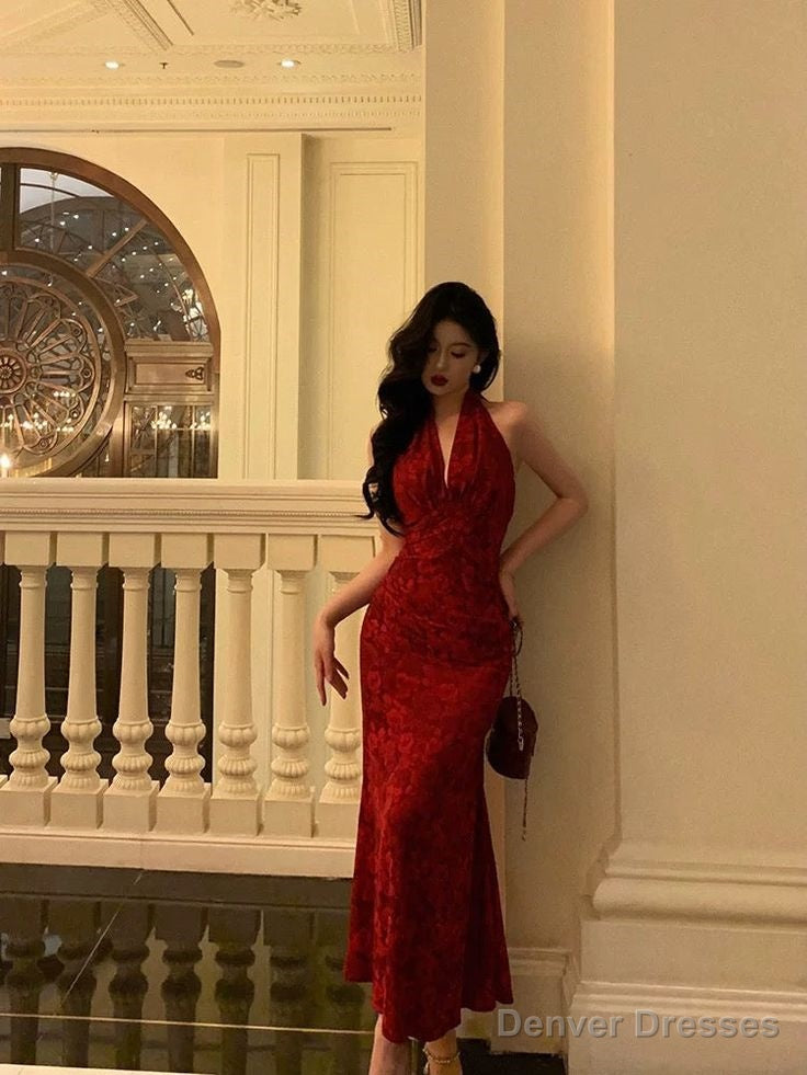 Sexy Sheath V Neckline Red Floral Ankle Length Prom Dresses Birthday Dress Main image