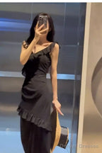 Sexy Sheath V Neckline Ruffled Black Chiffon Beach Dress WomenS Vacation Dresses