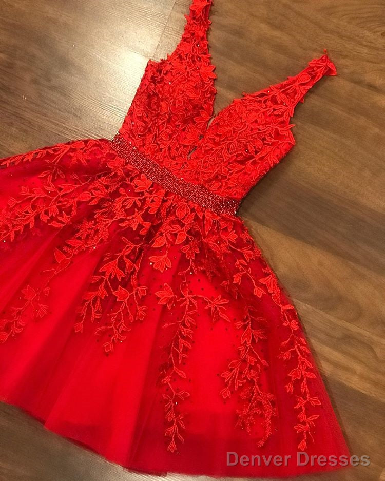 Sexy Short V-Neck Red Lace Prom Dresses Cheap Party Dress