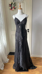 Sexy Silver-Black Mermaid Ruffled Deep V Halter Shimmering Long Prom Dress Evening Dress