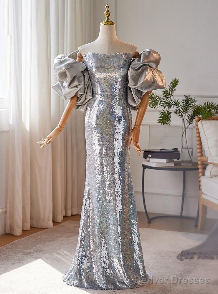 Sexy Silver Mermaid Sequins Strapless Prom Dress Main image