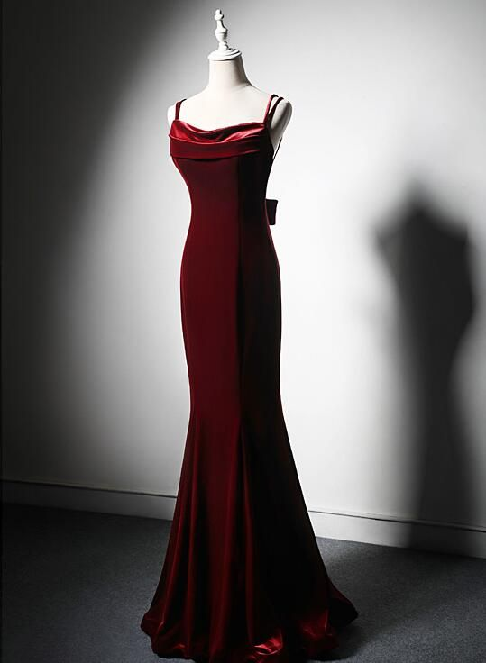 Elegant Burgundy Spaghetti Straps Velvet Mermaid Prom Dress Evening Dress Main image
