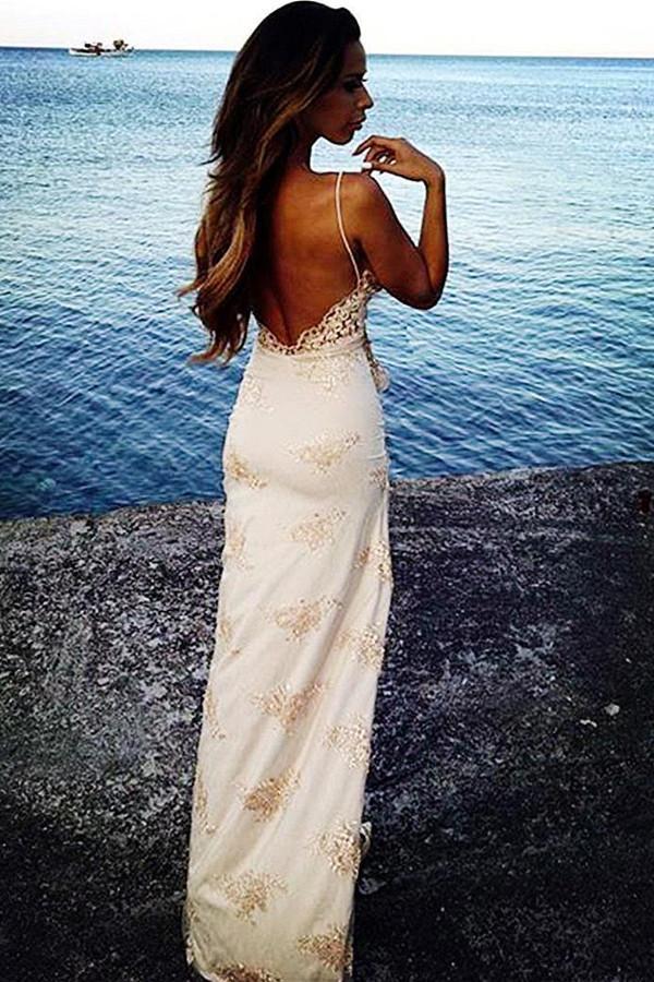 Sexy Spaghetti Straps Floor Length Backless Side Slit Appliques Prom Dress Secondary image