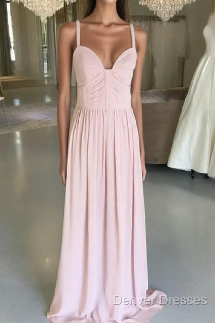 Sexy Spaghetti Straps Long Chiffon Ruched Sweetheart Bridesmaid Dress