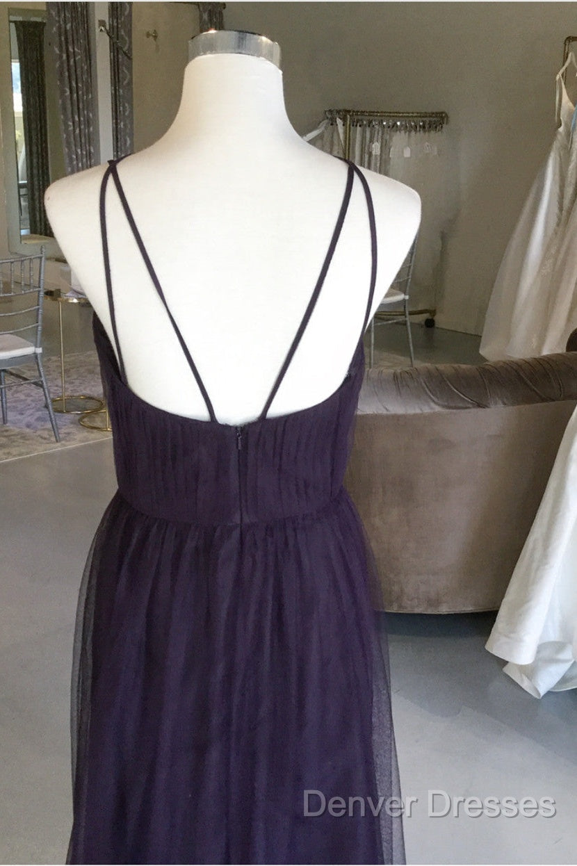 Sexy Spaghetti Straps Long Tulle Cross Back Bridesmaid Dress