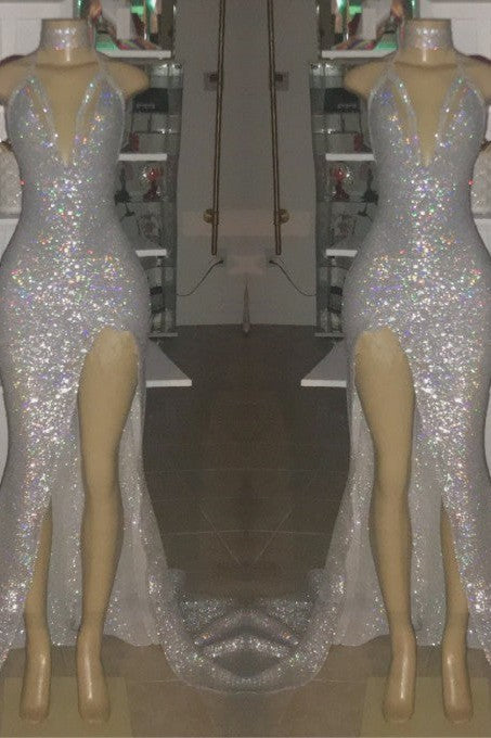 Sexy Spaghetti Straps Silvery Mermaid Prom Dress Sequins Chiffon Long With Split Secondary image
