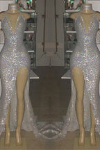 Sexy Spaghetti Straps Silvery Mermaid Prom Dress Sequins Chiffon Long With Split