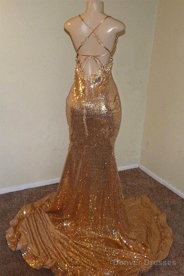 Sexy Spaghetti Straps V-Neck Mermaid Prom Dress Sequins Long Chiffon Gold With Split Secondary image