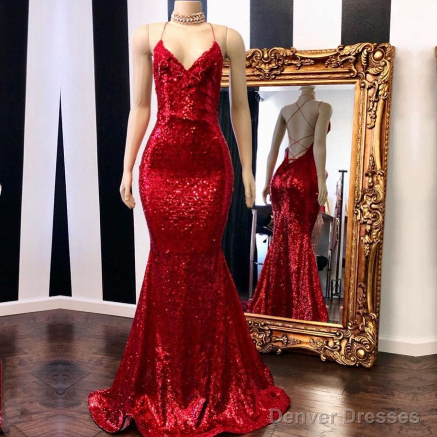Sexy Spaghetti Straps V-Neck Mermaid Prom Dress Sequins Red Long Secondary image
