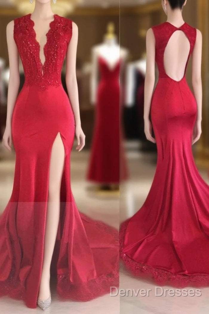 Sexy Split Backless V-Neck Lace Red Prom Dress Main image