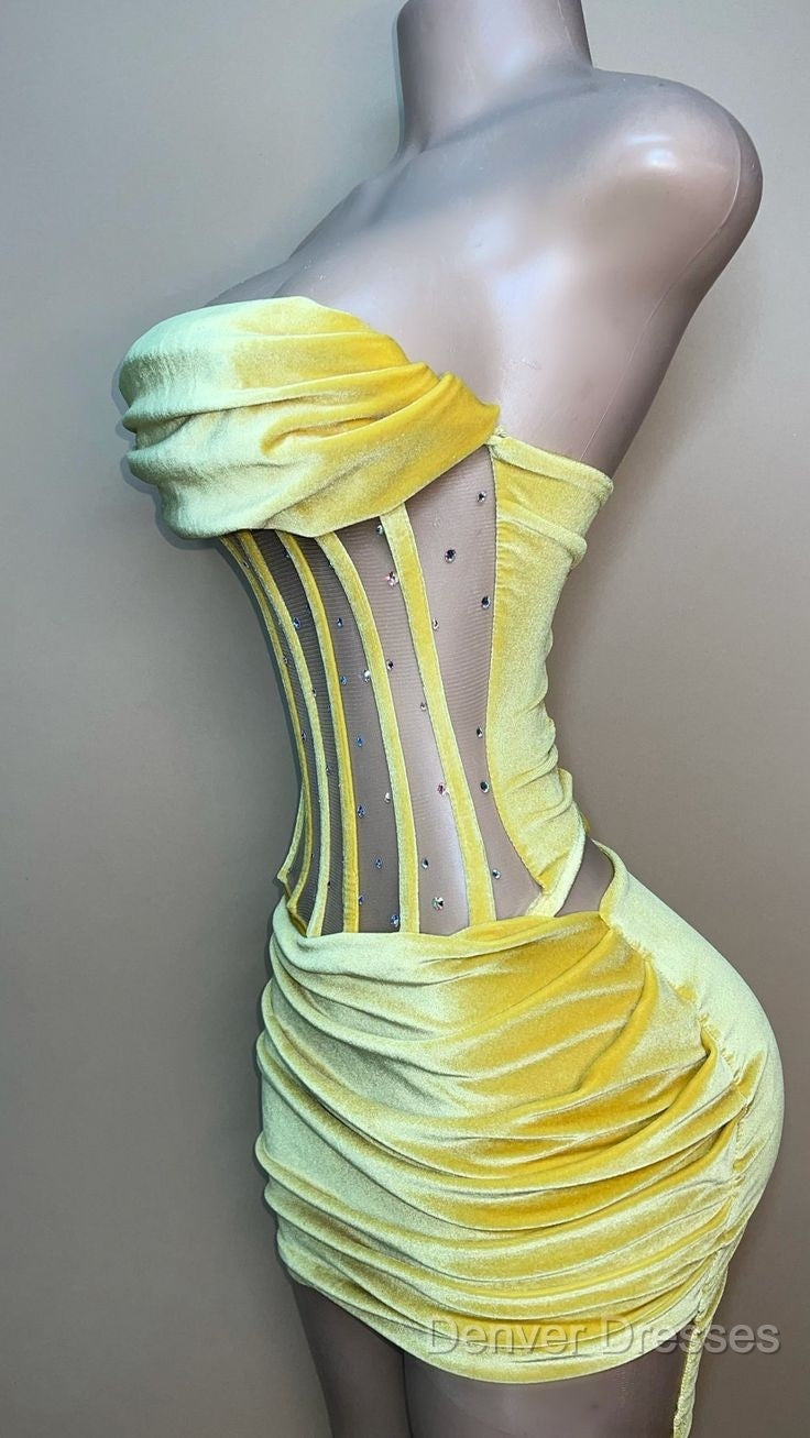 Sexy Strapless Yellow Velvet Prom Dress ,Charming Homecoming Dress Secondary image