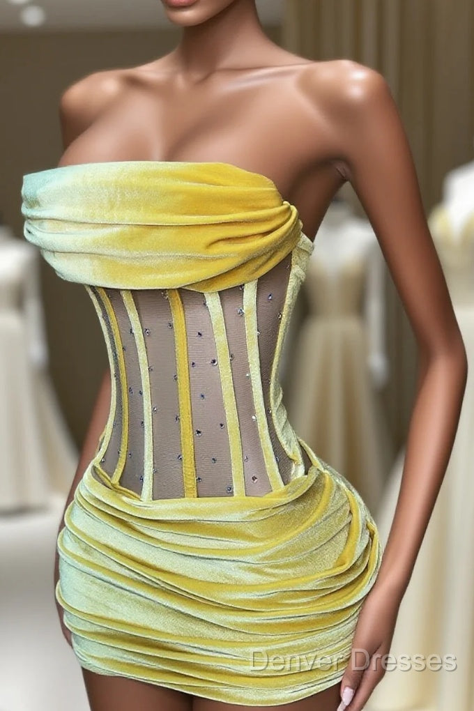 Sexy Strapless Yellow Velvet Prom Dress ,Charming Homecoming Dress