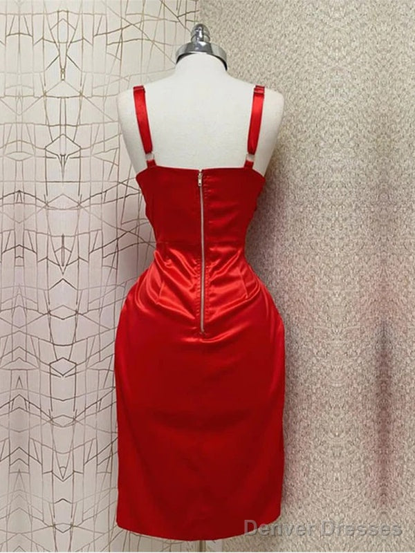 Sexy Straps Mermaid Sleeveless Satin Red Homecoming Dresses With Side Slit,