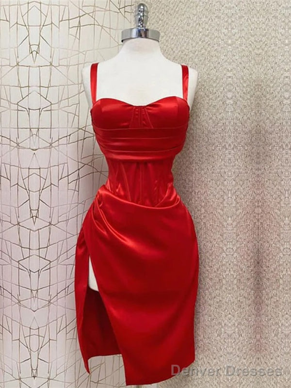 Sexy Straps Mermaid Sleeveless Satin Red Homecoming Dresses With Side Slit, Main image