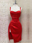 Sexy Straps Mermaid Sleeveless Satin Red Homecoming Dresses With Side Slit,