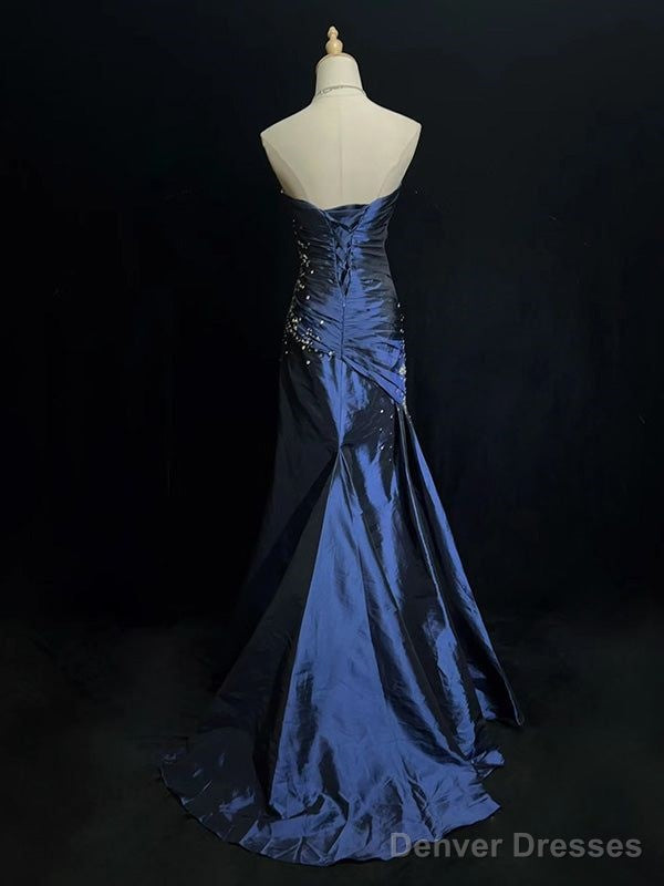 Sexy Sweetheart Sleeveless Mermaid Satin Long Navy Blue Prom Dresses Secondary image