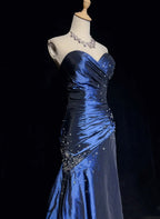 Sexy Sweetheart Sleeveless Mermaid Satin Long Navy Blue Prom Dress