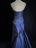 Sexy Sweetheart Sleeveless Mermaid Satin Long Navy Blue Prom Dress