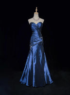 Sexy Sweetheart Sleeveless Mermaid Satin Long Navy Blue Prom Dress