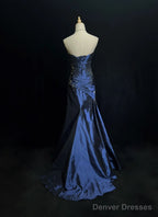 Sexy Sweetheart Sleeveless Mermaid Satin Long Navy Blue Prom Dresses