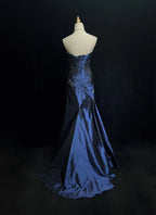 Sexy Sweetheart Sleeveless Mermaid Satin Long Navy Blue Prom Dress
