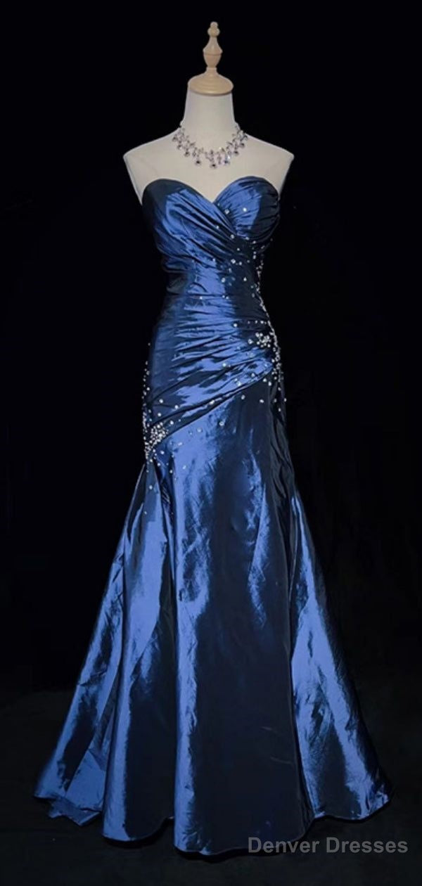 Sexy Sweetheart Sleeveless Mermaid Satin Long Navy Blue Prom Dresses
