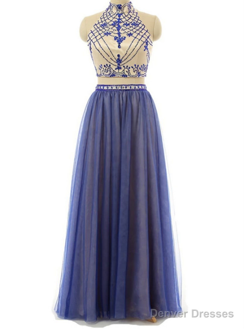 Sexy Two Piece Prom/Evening Dress Royal Blue Tulle Floor-Length Backless Beaded Party Dress Main image