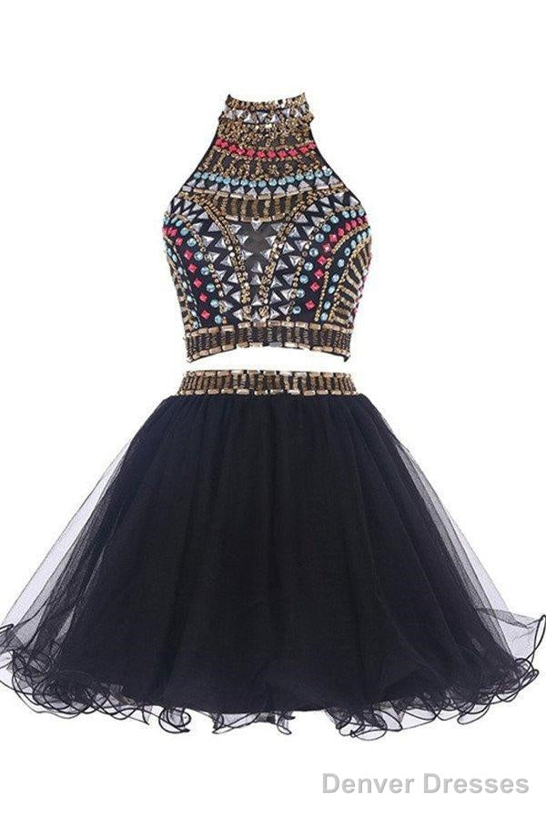 Sexy Two Pieces Backless Black Homecoming/Prom Dresses