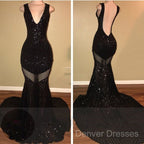 Sexy V-Neck Black Sequined Burgundy Prom Dress
