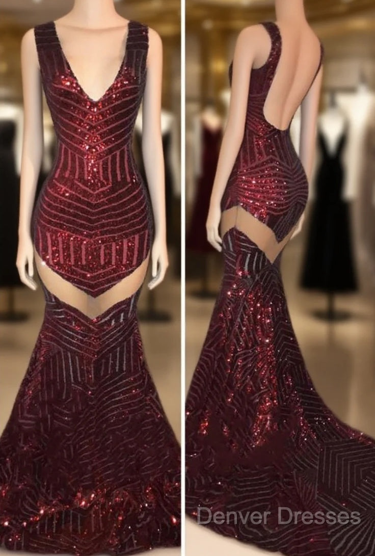Sexy V-Neck Black Sequined Burgundy Prom Dress Main image