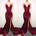 Sexy V-neck Chiffon Mermaid Prom Dress Long With Split Burgundy