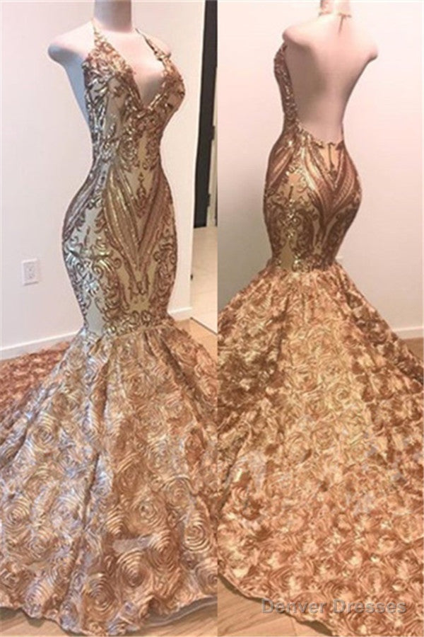 Sexy V-Neck Halter Gold Mermaid Prom Dress Sequins Backless Long Main image