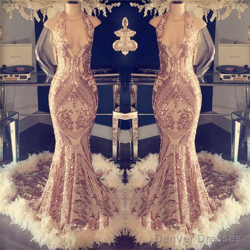 Sexy V-neck Halter Mermaid Prom Dress Gold Sequins Long Backless Secondary image