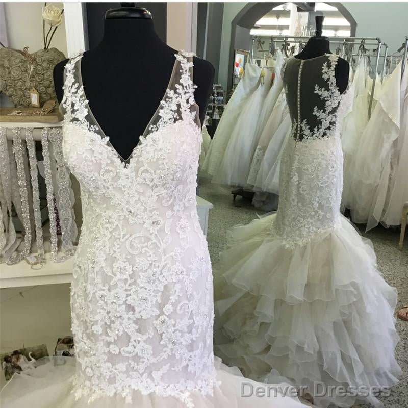 Sexy V Neck Organza Ruffles Mermaid Wedding Dresses Lace