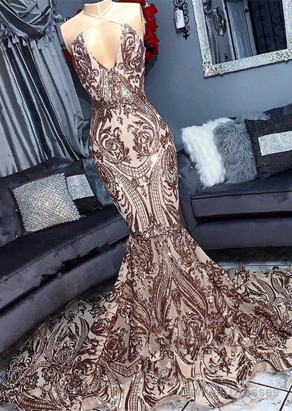 Sexy V-neck Sequins Sleeveless Mermaid Floor Length Prom Dresses Secondary image