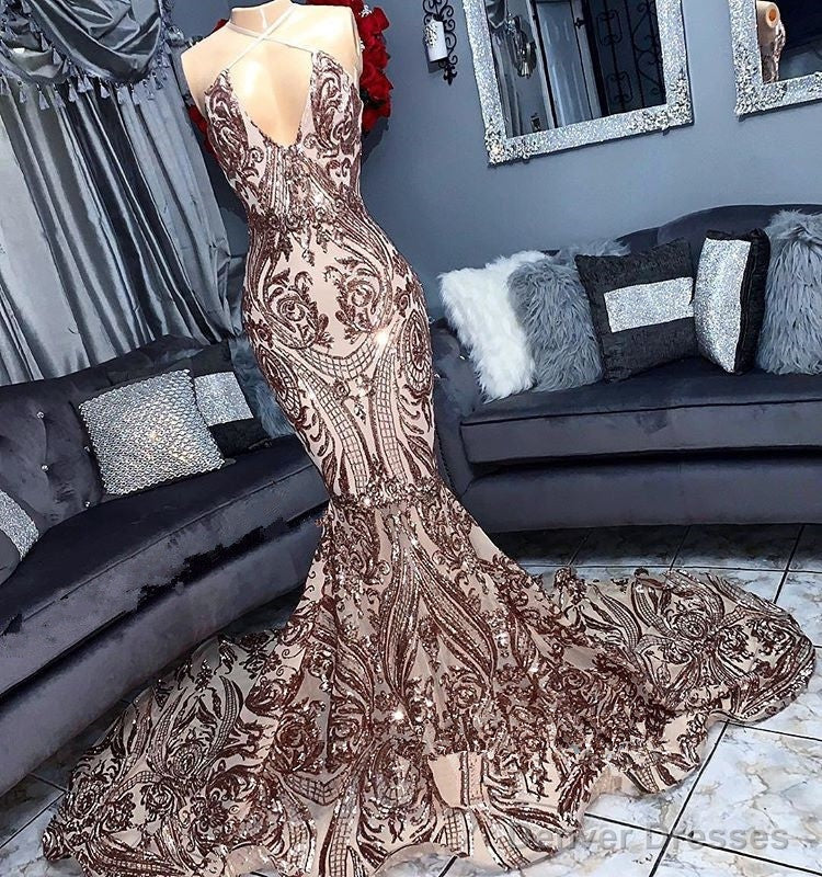 Sexy V-neck Sequins Sleeveless Mermaid Floor Length Prom Dresses Main image