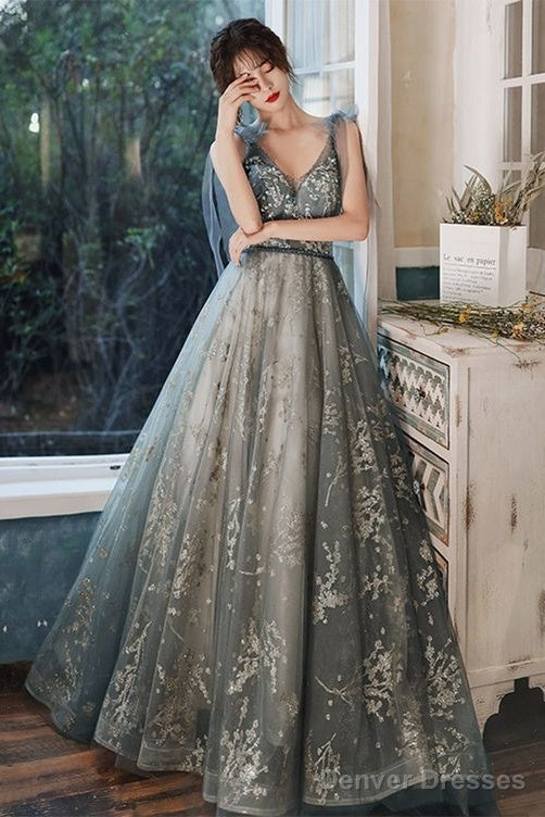 Sexy V-Neck Shoulder Straps Sleeveless Gray Glitter Evening Gown With Train Prom Dress Main image